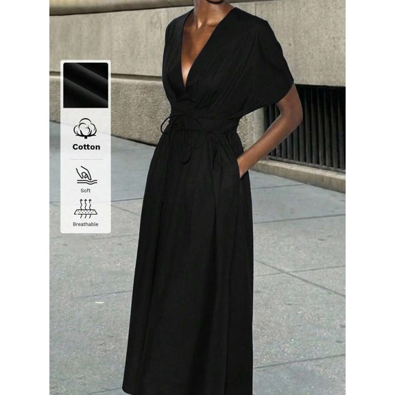Black V-Neck Wrap Maxi Dress With Tie Waist And Kimono Sleeves