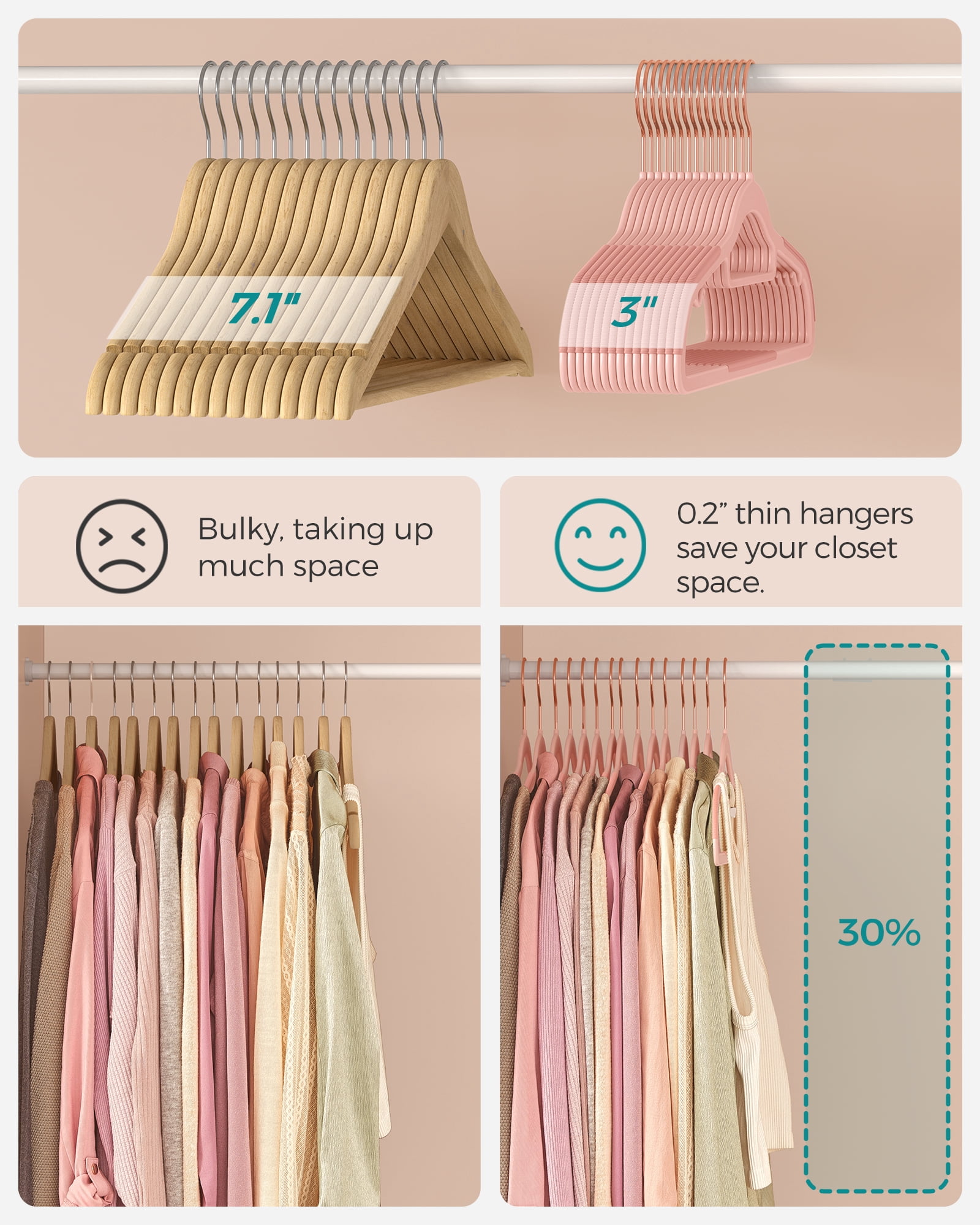 50 Pack Coat Hangers Non-Slip Clothes Hangers Space-Saving Plastic Hangers 360°Swivel Rose Gold Hook Light Pink