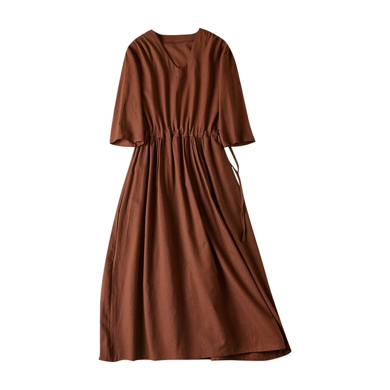 plus size brown summer dress Soomlon Brown Dress for Women Plus Size Short Sleeve Drawstring Maxi Dresses Summer Pleated Dress Casual Weekend Dress, Women's, Size: XL