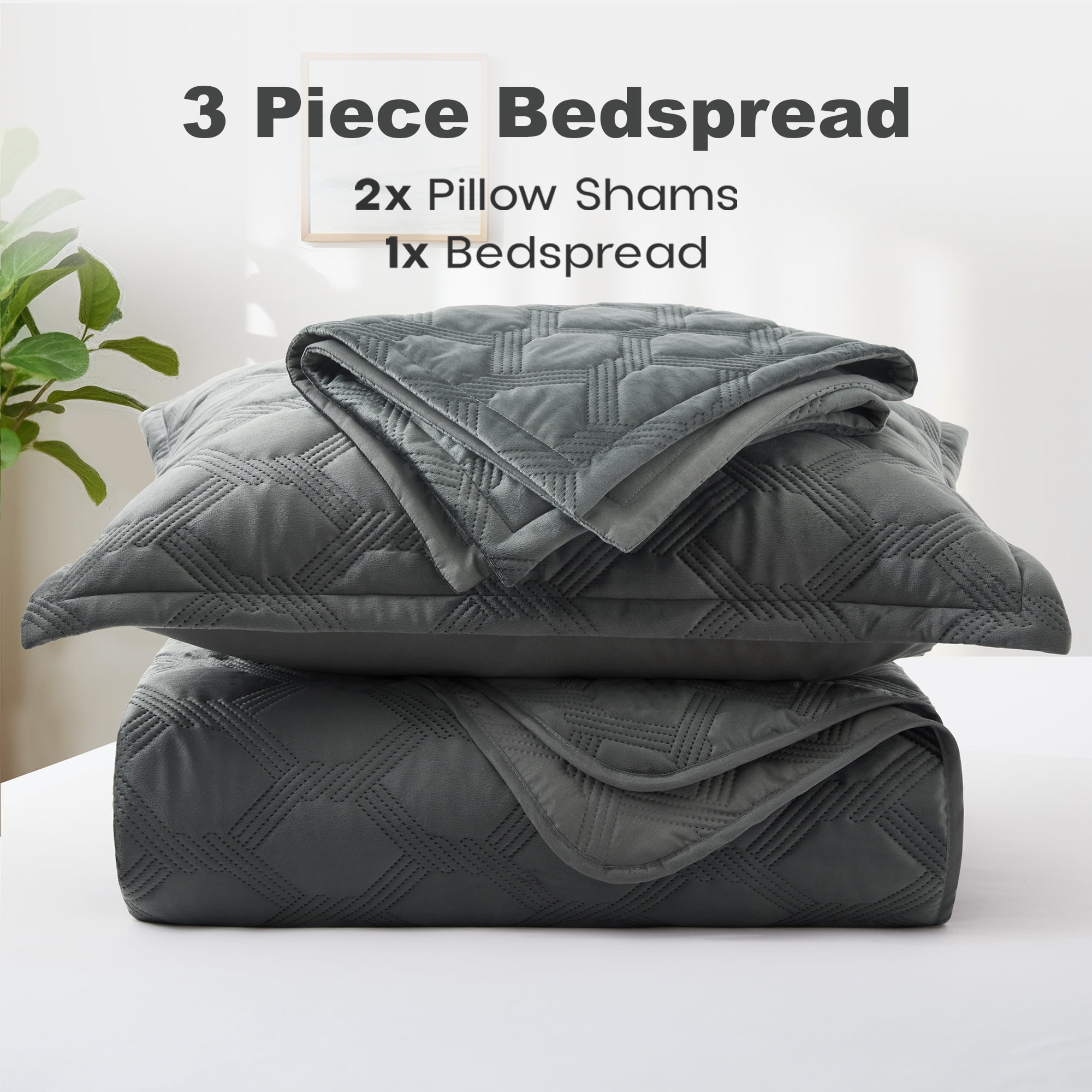 IR Imperial Rooms Velvet Quilt Set 3 Piece Geometric Ultrasonic Embossed Bedspread Reversible 350GSM Soft Brushed Microfiber Gray Full/Queen