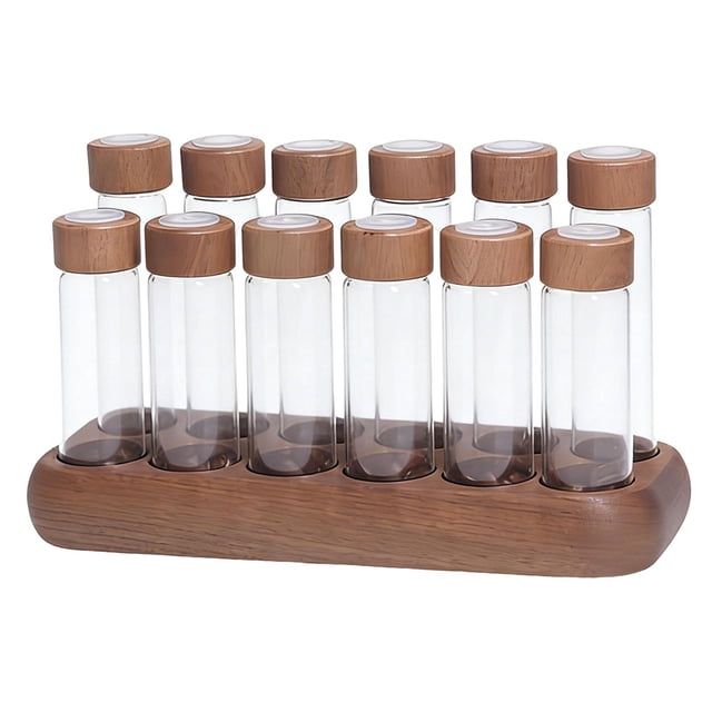 Tubos de almacenamiento de granos de café de dosis única con soporte de madera, 12 tubos, durabilidad, 6 cortos y 6 largos