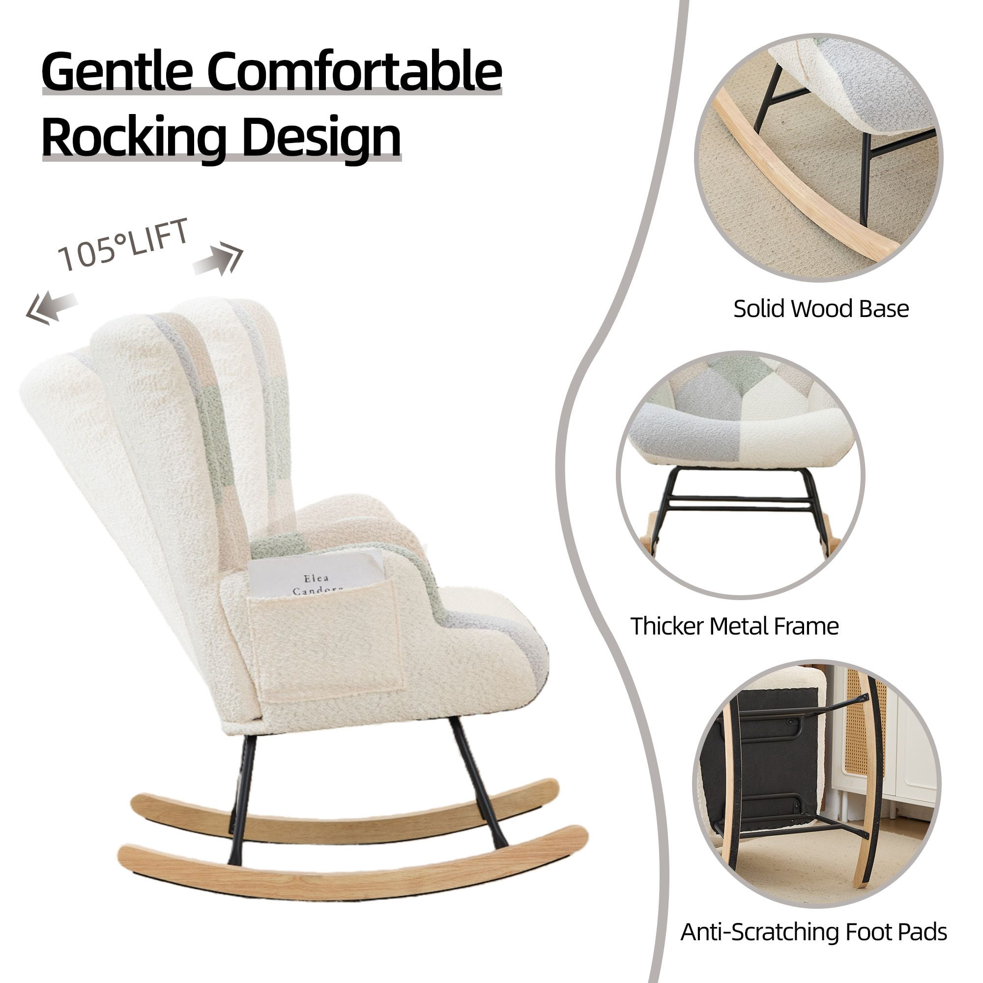 Teddy Upholstered Nursery Glider Rocking Chair - High Backrest Comfy Armchair | Versatile Accent Chair for Living Room, Bedroom, Offices
