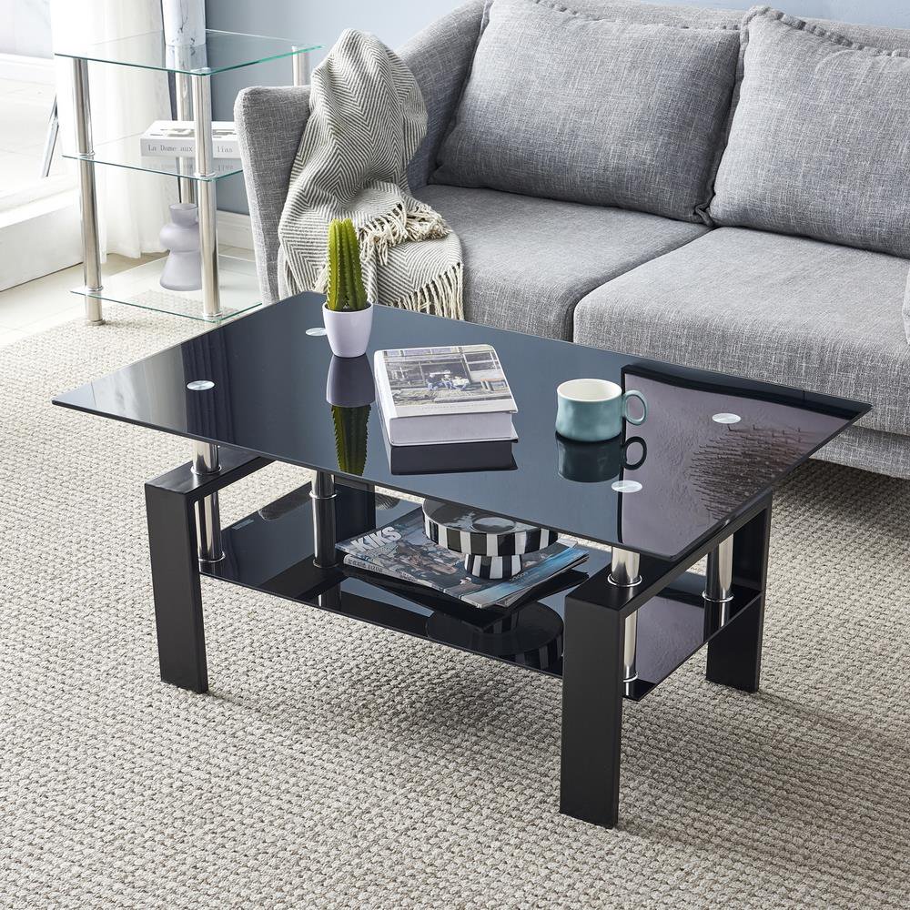 Zimtown Modern Side Coffee Table Rectangle Glass Coffee Table with Lower Shelf Metal for Living