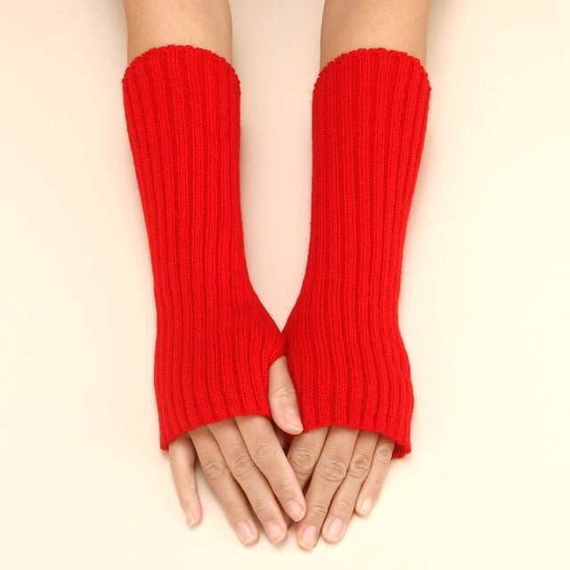 Gants Rouges Mitaines Femmes Automne et Hiver Couleur Unie Laine Multicolore Longue Rayée Tricot Demi-Doigt Gants