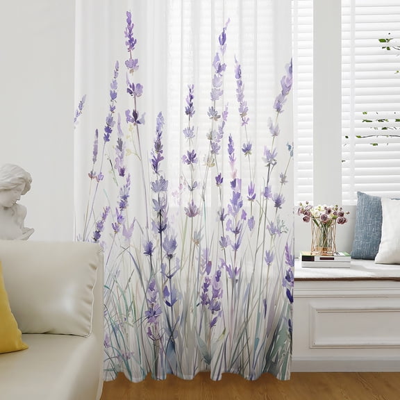 Lavender Floral Sheer Curtains 72 Inch Length, Light Filtering Voile Curtain Panel, Spring Flowers Botanical Plants Rod Pocket Drapes Window Treatments for Living Room Bedroom 52"x72"
