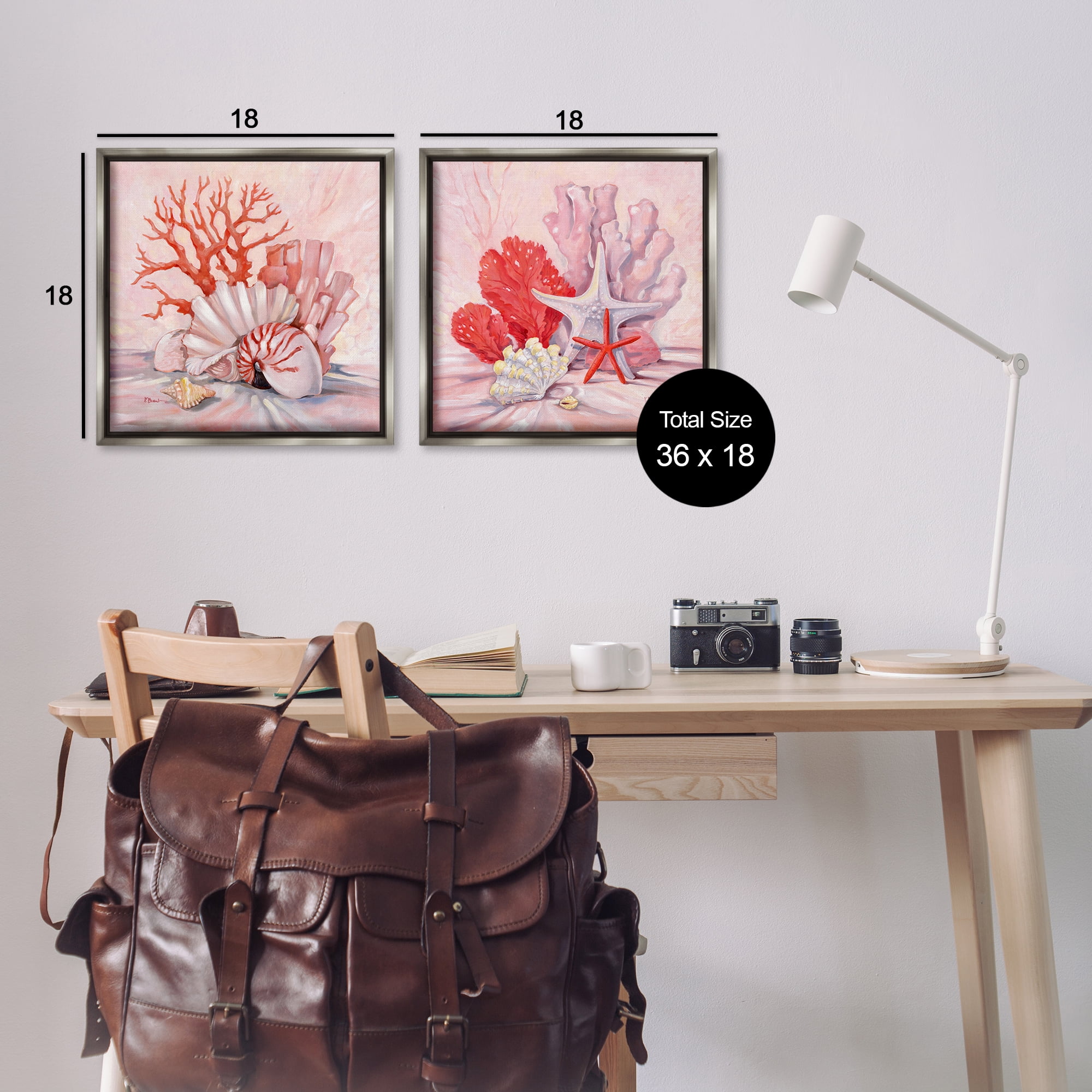 Stupell Industries Pink Coral Still Life Nautical & Beach Painting Gray Floater Framed Canvas Art Print Wall Art, 18 x 18, Set of 2
