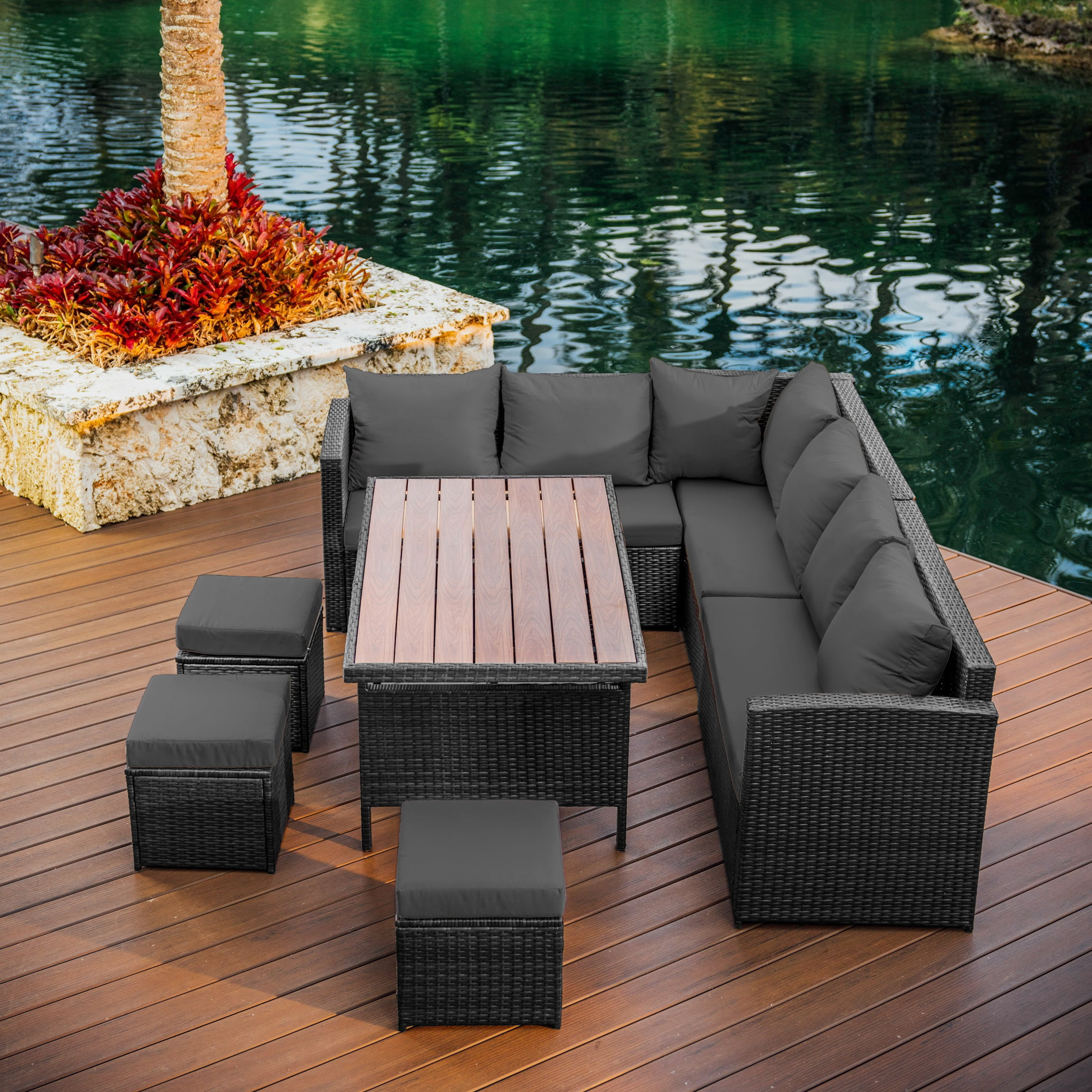 Hearth & Harbor 7 Piece Outdoor Furniture Set, Wicker Outdoor Sectional Dining Set with 10 Seats and Patio Table, Gray with Gray Cushions
