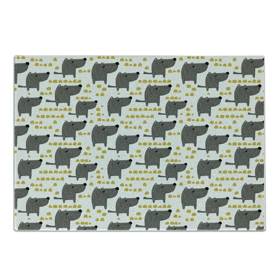 Dog Cutting Board, Sketch Style Canine with Abstract Yellow Toned Dots Greyscale Cartoon Pets, Decorative Tempered Glass Cutting and Serving Board, Small Size, Grey Marigold White, by Ambesonne