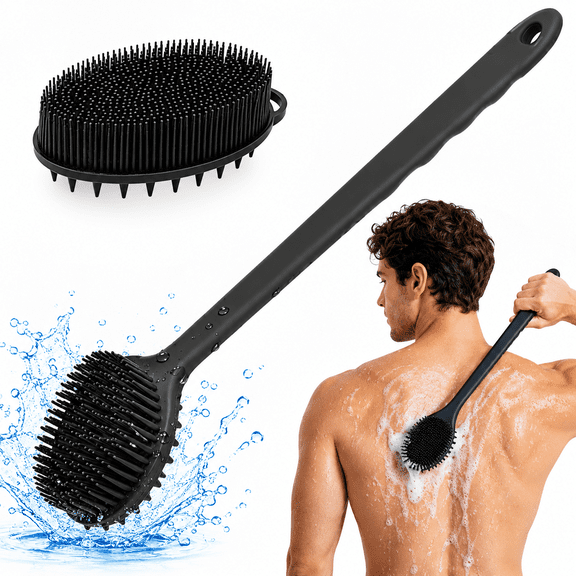 H HEYMKGO Silicone Body Scrubber & Scalp Massager – Long Handle Shower Brush, Exfoliating Scrubber for Men, Women & Kids, Gentle Deep Cleansing, Non-Slip Grip, Suitable for Wet & Dry Use