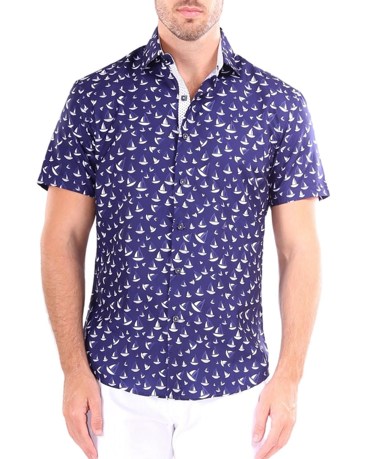 Men Button Up Shirt Anchor Sailing Print Collar Print Short Sleeve Sizes S-XL 
