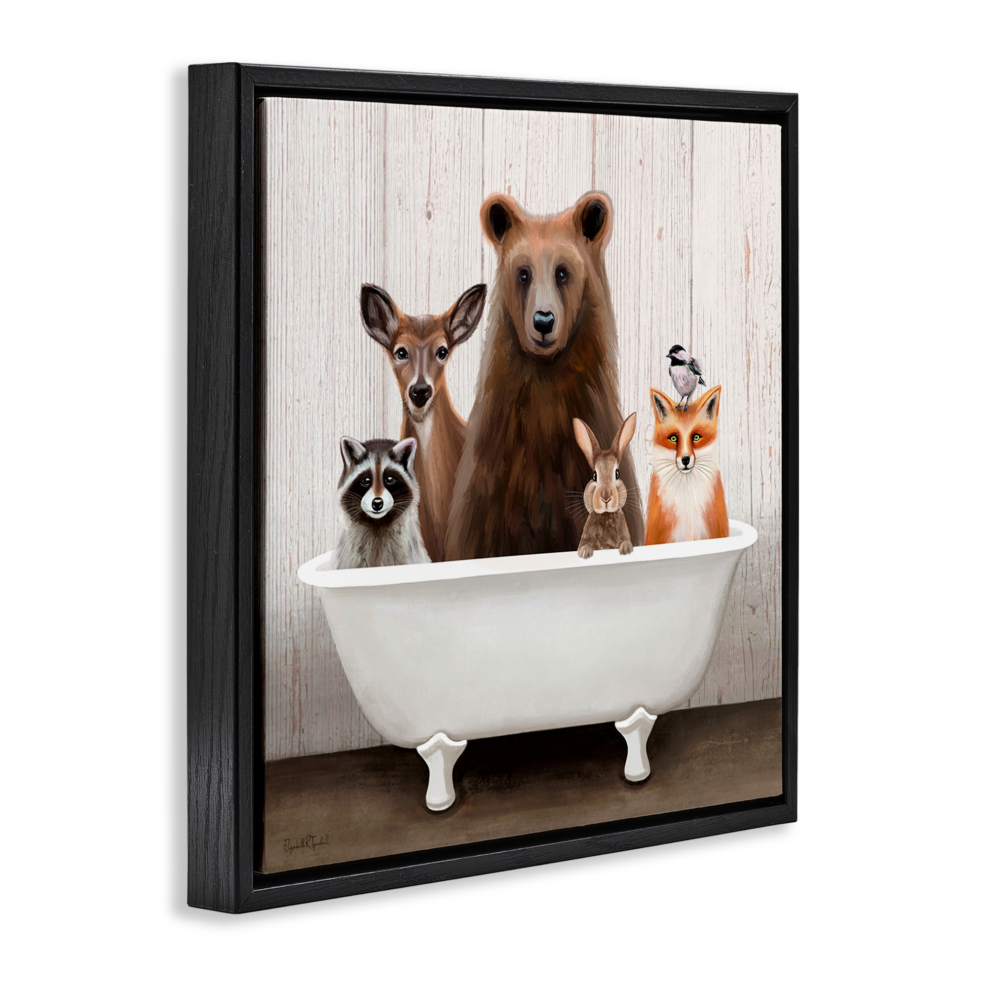 Woodland Creatures Antique Bathtub Black Floating Frame Canvas Art, 18 x 18