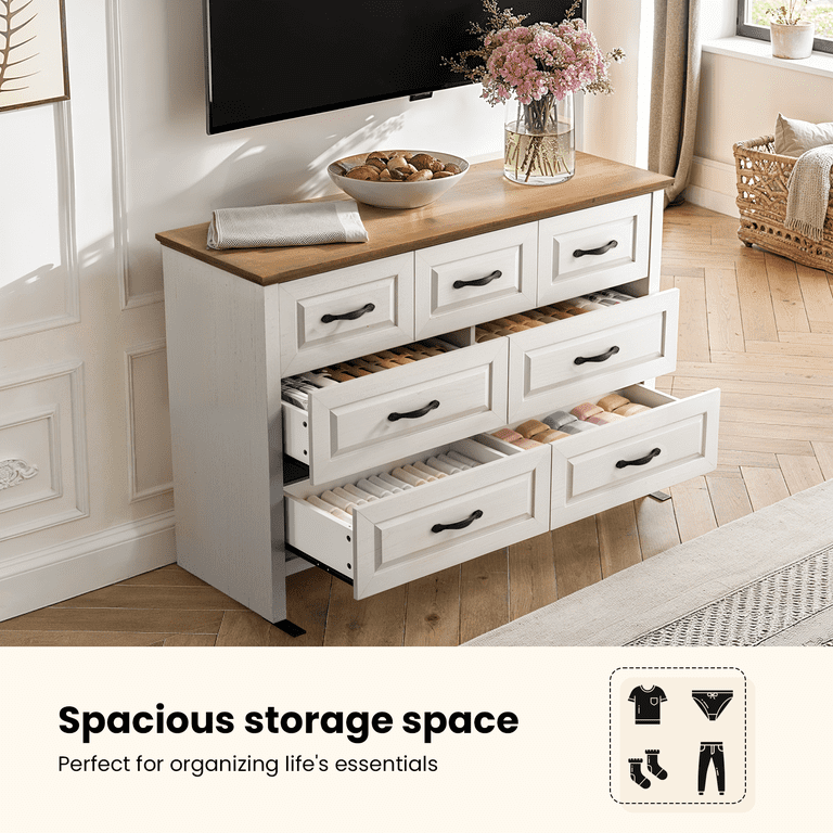 CHITOOMA 7 Drawer Dressers for Bedroom, 47.2" Horizontal Wooden Dresser,  Chest of Drawers for Living Room, Nursery, Hallway, White & Brown -  Walmart.com