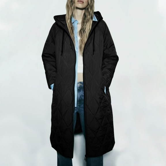 Qetyuw Womens Plus Size Long Quilted Jackets Lightweight Zip Up Coats Solid Color Hooded Outerwear with Pockets Warm Winter Coats