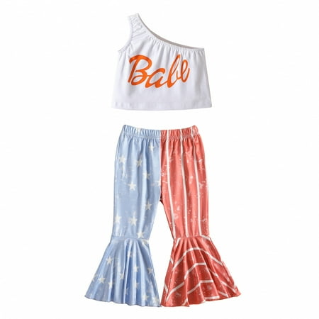 

Toddler Kids Baby Girls Fashion Independence Days 2pcs Clothes Sets One Shoulder Vest Tops 4th Of July Striped Star Flare Pants Outfits