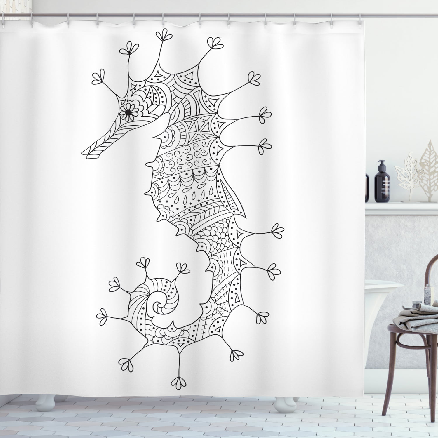 Seahorse Shower Curtain Ocean Animal Fabric Bathroom Decor with Hooks 72x72 in