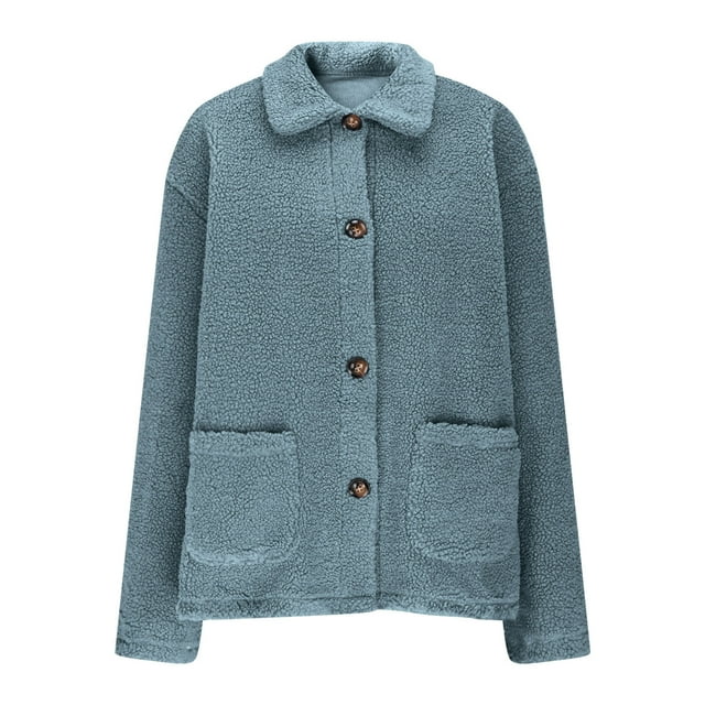 HAiming Womens Fuzzy Coat Button down Lapel Callor Fleece Jacket Tops Solid Color Soft Warm Clothes