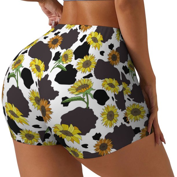 Fotbe Black Cow Sunflowers Shorts Sin Costuras – Shorts Deportivos de Cintura Alta para Mujer, Elásticos para Gimnasio, Yoga, Running o Ciclismo-Small