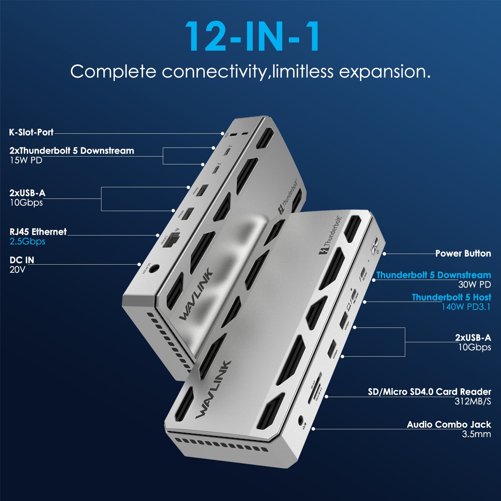 WAVLINK 120Gbps Intel Certified Thunderbolt 5/4 USB Dock, Single or Dual 6K/8K Display Hub, 12-in-1 Laptop Docking Station with 140W Charging for Mac & Windows Laptops