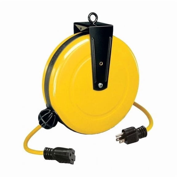 Cord Reel w/ Hand Lamp, Spring Retract, NEMA 5-15R, 14 AWG, Yellow Reel, 30 ft L (Formerly LumaPro)