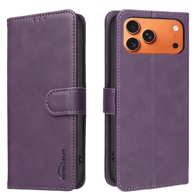 Wallet Case for iPhone 17 Pro RFID Blocking Flip Cover with Card Slots & Kickstand Purple