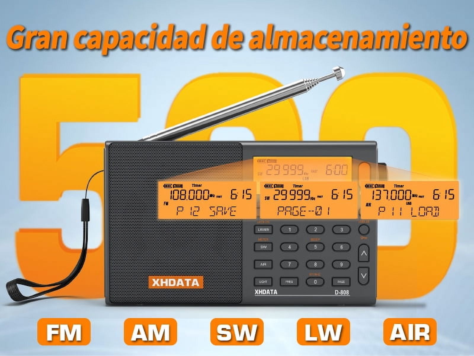 XHDATA D-808 DSP Battery USB Port Portable Shortwave Radio with Antenna, Stereo Alarm Clock Radio with Battery Backup Shortwave Radio Receiver Small Radio Weather Radio AM FM SW LW Air Band SSB