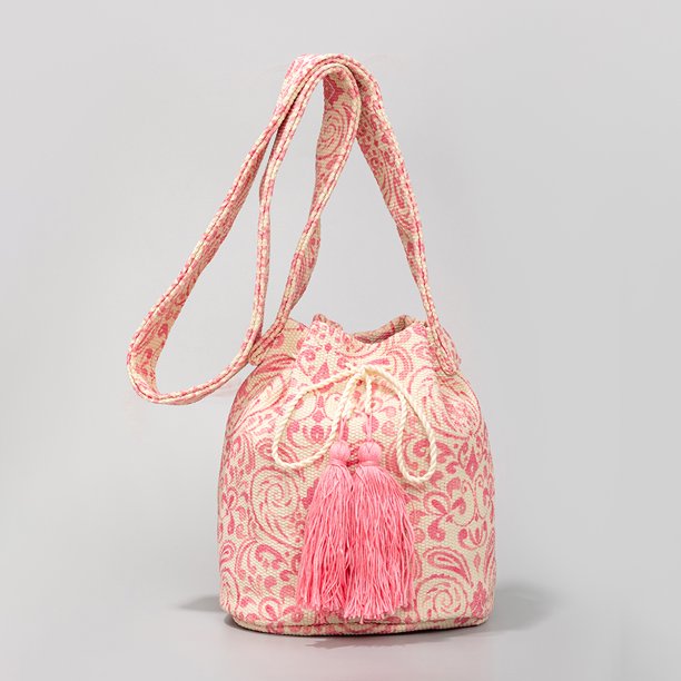 Bolso bohemio para mujer, bolso de lona con cordón y borla, bolso de playa de verano (rosa)