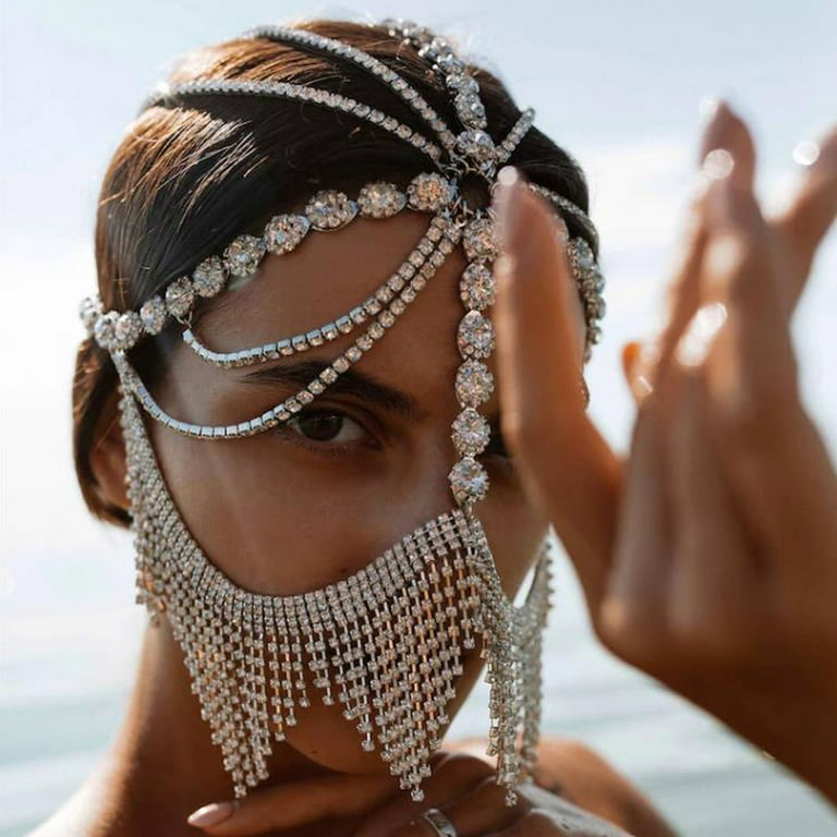 Tassel Head Chain Mask Chain with Rhinestone Crystal Bridal Headdress for  Party