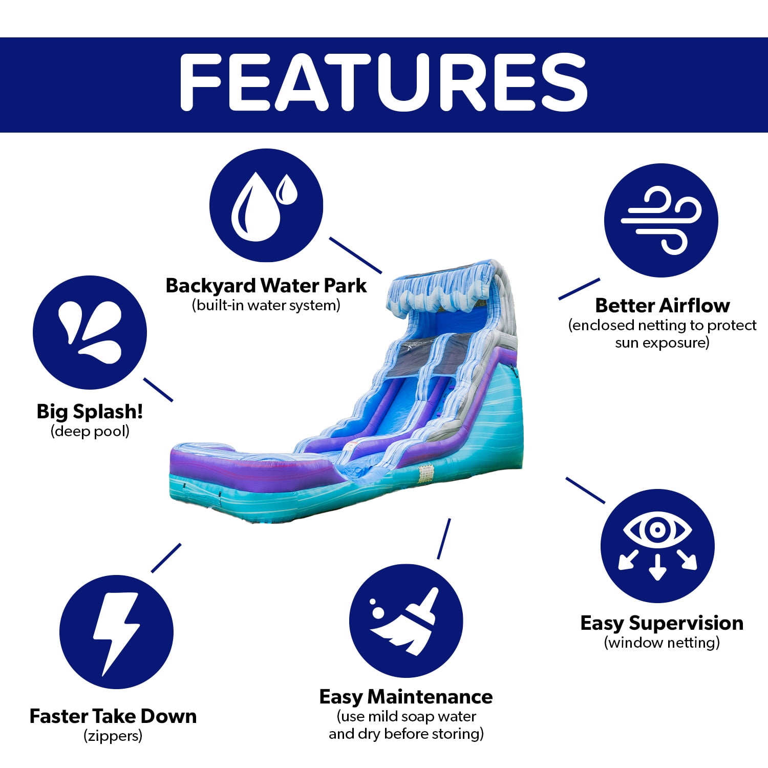 HeroKiddo Marble Vinyl Ocean Wave 16' Inflatable Water Slide with Pool & Blower for Kids & Adults, Outdoor Use