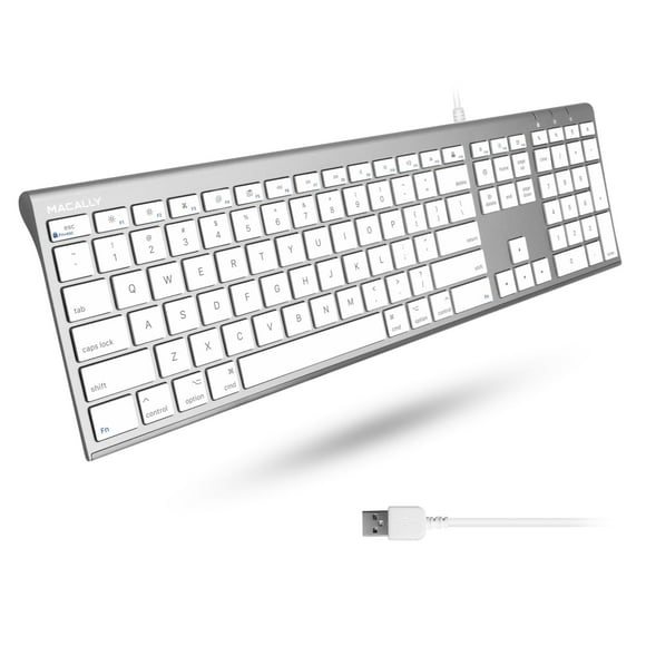 Macally Ultra Slim USB Wired Computer Keyboard - Compatible Apple Keyboard or Windows - Full Size Keyboard with 20 Mac Keyboard Keys - Low Profile Keyboard for
