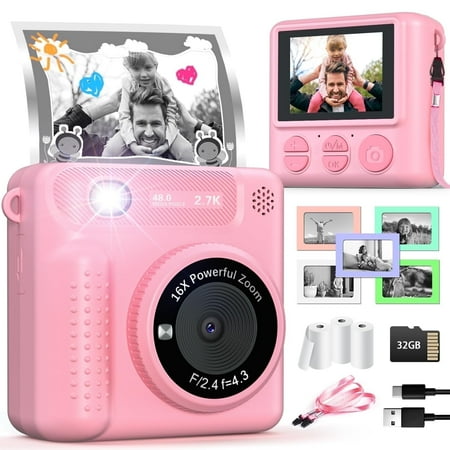 Kids Camera Instant Print, 12MP 1080P HD 32GB Digital Camera Print Photos Portable Toy for Kids Aged 3-8