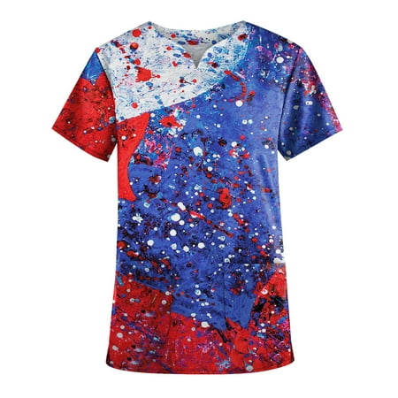 

Yubatuo Women Plus Size Scrubs Top with Pockets V-Neck Short Sleeve Printed Work Blouse for Women Royal Blue S