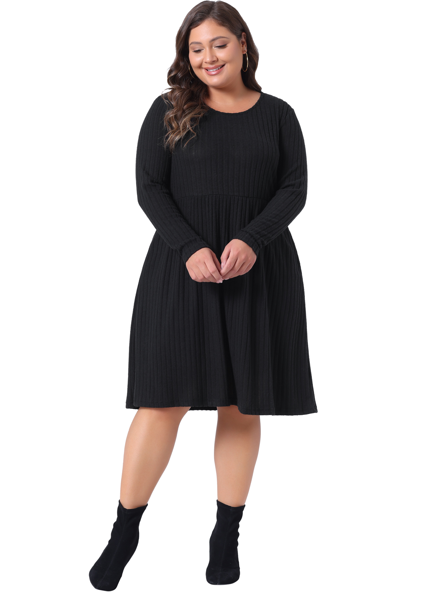 DARING DIVA Plus Size Round Neck Long Sleeve Casual Knit Dress 4X Black