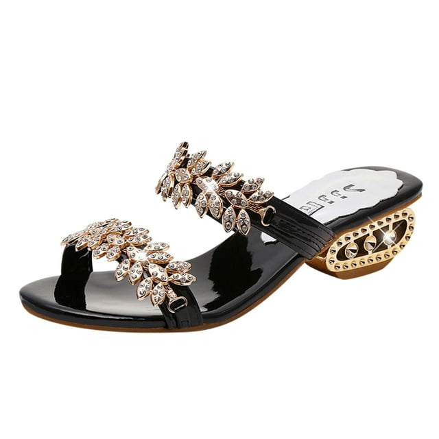 EQWLJWE Sandals Women 2022 Indoor And Outdoor Spring Summer Fashion Rhinestones Sequins Chunky Low Heel Sandals