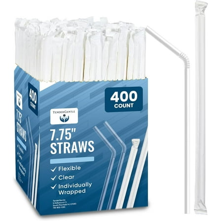 Tender Gentle Clear Plastic Straws, Disposable - 400 Individually Wrapped Bendy Drinking Straws - 7.75"