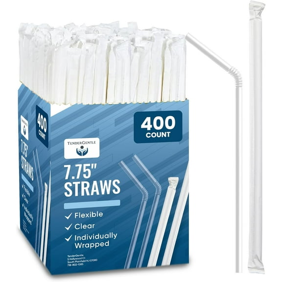 Tender Gentle Clear Plastic Straws, Disposable - 400 Individually Wrapped Bendy Drinking Straws - 7.75"