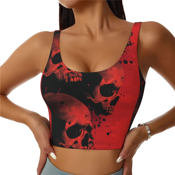 Balery Red And Black Abstract Skull Sujetadores deportivos con espalda cruzada para mujer, acolchados, sin costuras, de alto impacto, ideales para yoga, gimnasio, entrenamiento y fitness.-