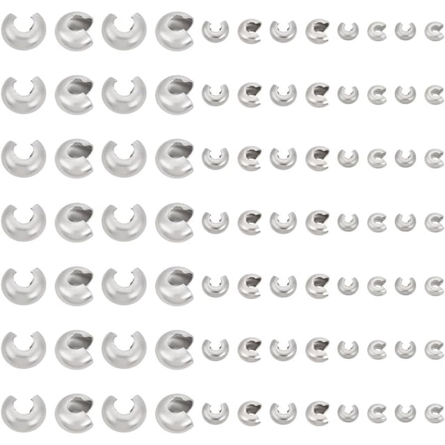 150 piezas de 3 tamaños de 4,5/6/10,5 mm de diámetro, cuentas de engarce de acero inoxidable 304, cubiertas de cuentas, puntas de engarce semicirculares abiertas.