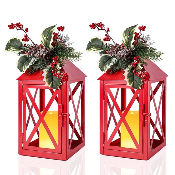 2 Pack Red Christmas Lantern with Flickering Flameless LED Candle & Holiday Greenery,Metal Lanterns,Christmas Decor,Home Decor