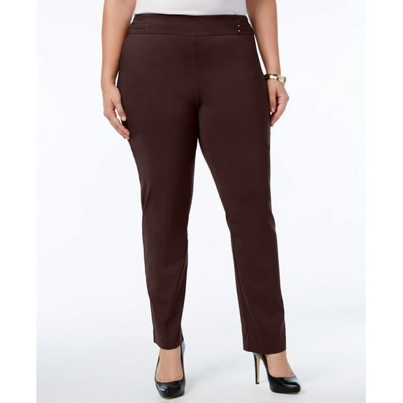 JM Collection Plus Size Tummy Control Pull On Slim Leg Pants Espresso Roast 14WP