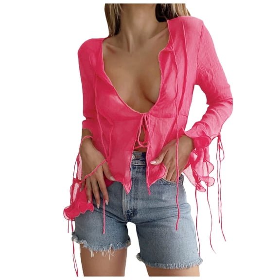 Mityle Womens Trendy V Neck Long Sleeve T shirts See Through mesh sheer Tops Elegant front lace up Dance Party dance club evening Tees