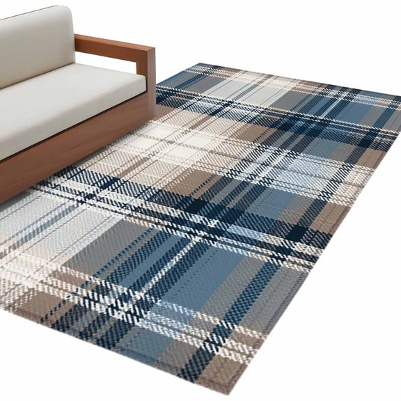 Area Rugs for Living Room 4x6 Ft, Blue Brown Plaid Non Slip Area Rugs for Kitchen Bedroom Entryway, Vintage Abstract Stripes Lattice Washable Carpet Runner Rug Floor Mats for Bedroom Home Decor