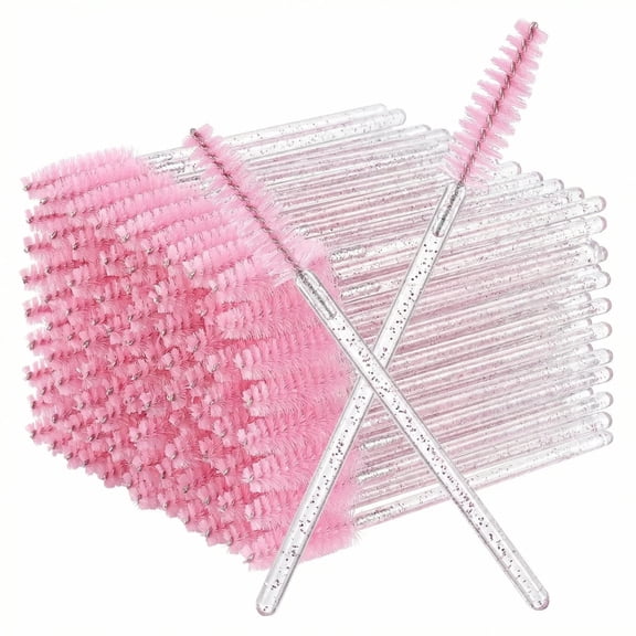 50 Pcs Disposable Mascara Wands, Spiral Lash Brush with Crystal Handles, Lash Spoolies for Eyelash and Eyebrow Makeup, Pink Makeup Brush Tools
