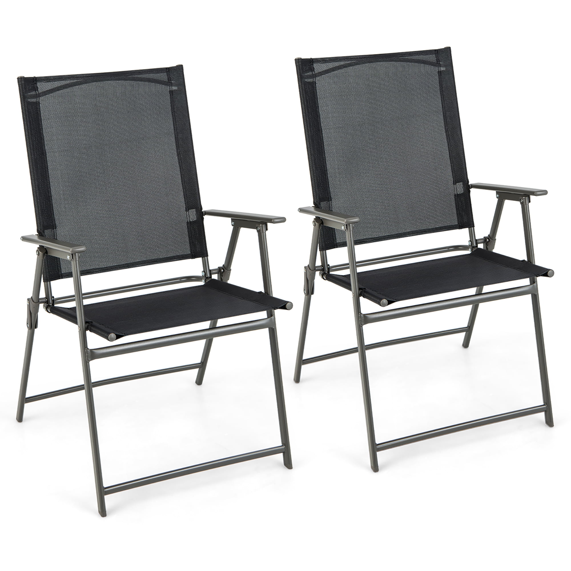 Costway 2pcs Patio Folding Portable Dining Chairs Metal Frame Armrests Garden Outdoor Black