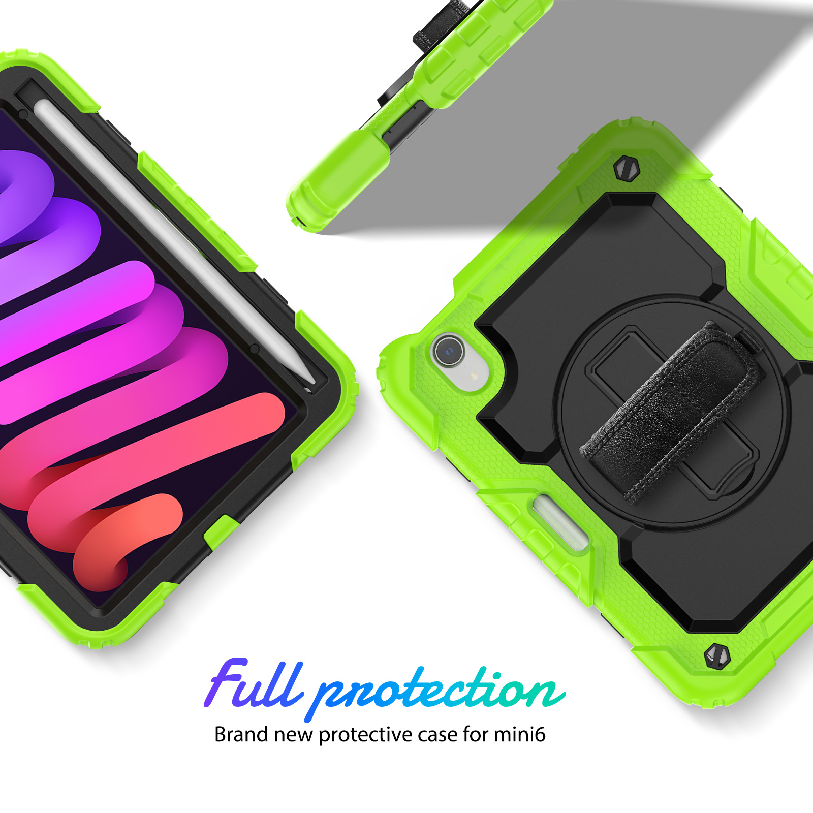 Shockproof Case for Apple iPad mini 6 /7 8.3" with Build In Screen Protector, Rugged Rotating Stand Shoulder Strap Pencil Holder Kids Friendly Bumper Case for Apple iPad mini 6/ Mini 7, Green