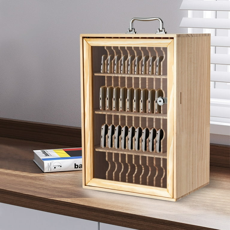 Wooden Cell Phone Locker Cabinet With Keys - 15 Slot Lockable Phone Storage Box For Office Or School