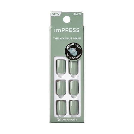 KISS imPRESS Color  Press on Nails, Going Green, Green, Short Squoval, 30 Count
