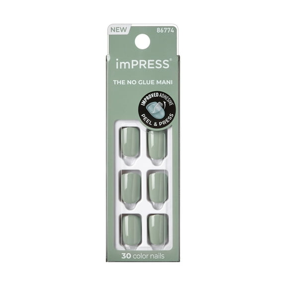 KISS imPRESS Color  Press on Nails, Going Green, Green, Short Squoval, 30 Count