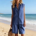 thumbnail image 4 of HongQid 2 Piece Linen Short Set Ladies Sleeveless Striped Trim Shirt and Pleated Shorts Casual Outfit for Women, 4 of 6
