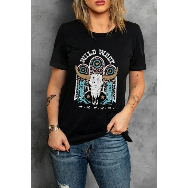 ABPHQTO Camiseta negra de manga corta con estampado grafico de calavera de WILD WEST Steer para mujer Walmart en linea