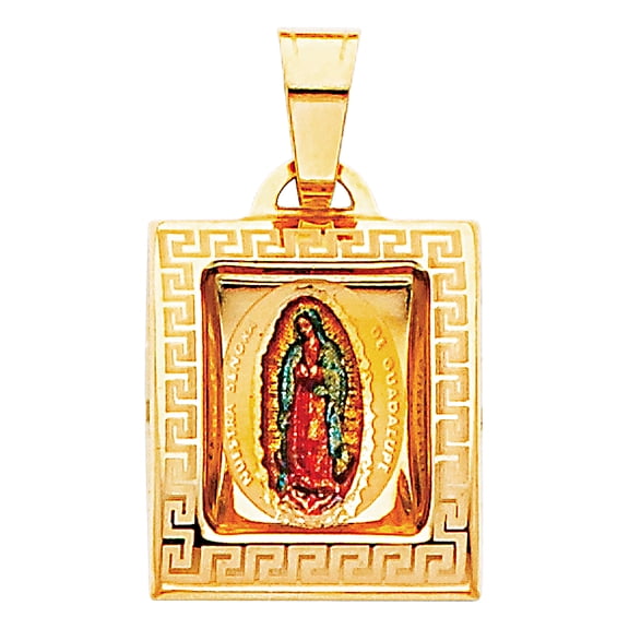 14k Yellow Gold Lady of Guadalupe Pendant Virgin Mary Greek Key Mexican Charm Jewelry Female Unisex